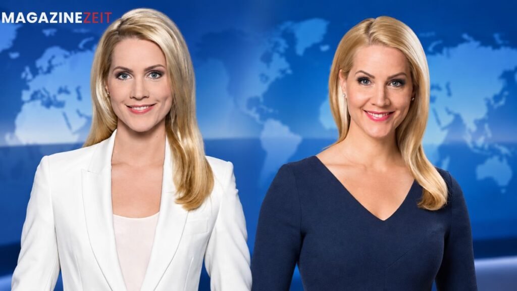 Kunigunde Rakers: Was über Judith Rakers’ Mutter bekannt ist Zwei Porträts von Judith Rakers, der Tochter von Kunigunde Rakers, vor blauem Studiohintergrund.